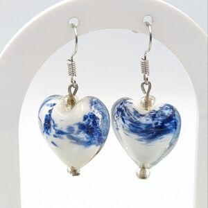 Glass puffy heart hand crafted blue, white, and sparkle dangle earrings